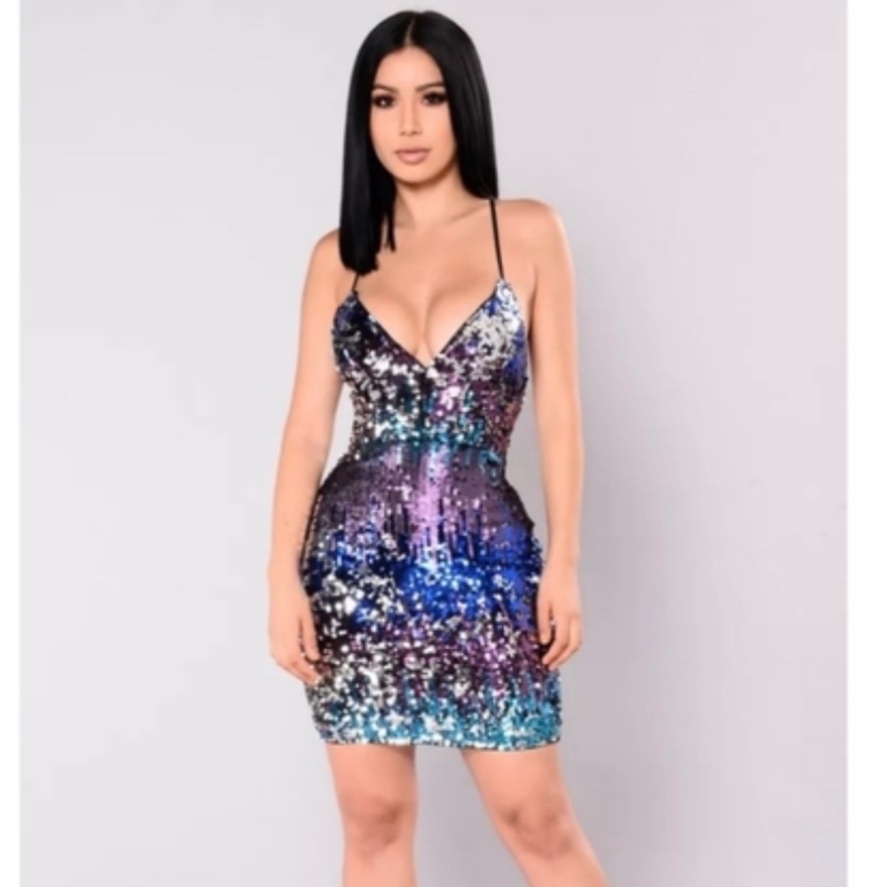 Fashion Nova Tania Sequin Dress - Silver/Purple.